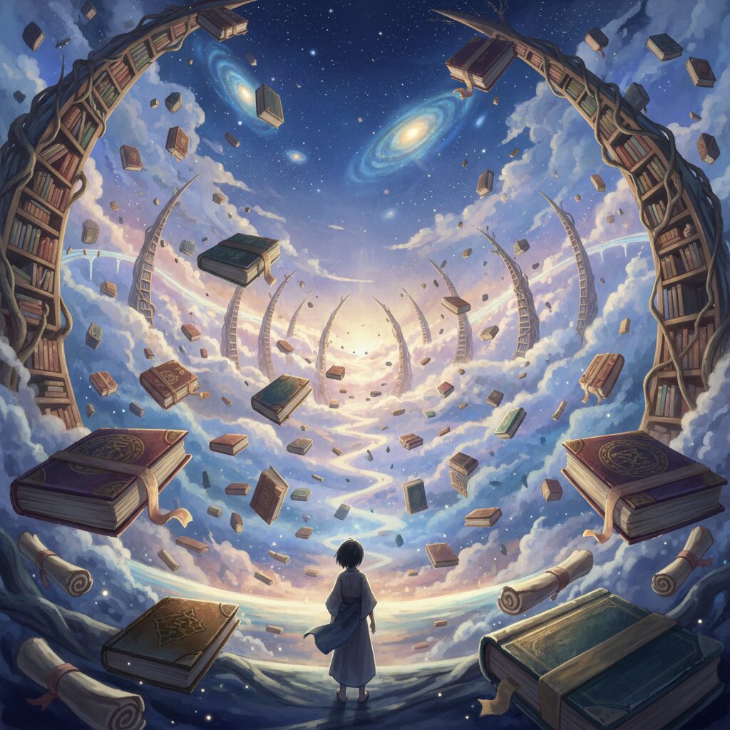 宇宙の記憶庫を表現した、無限に広がる幻想的な図書館のイラスト。