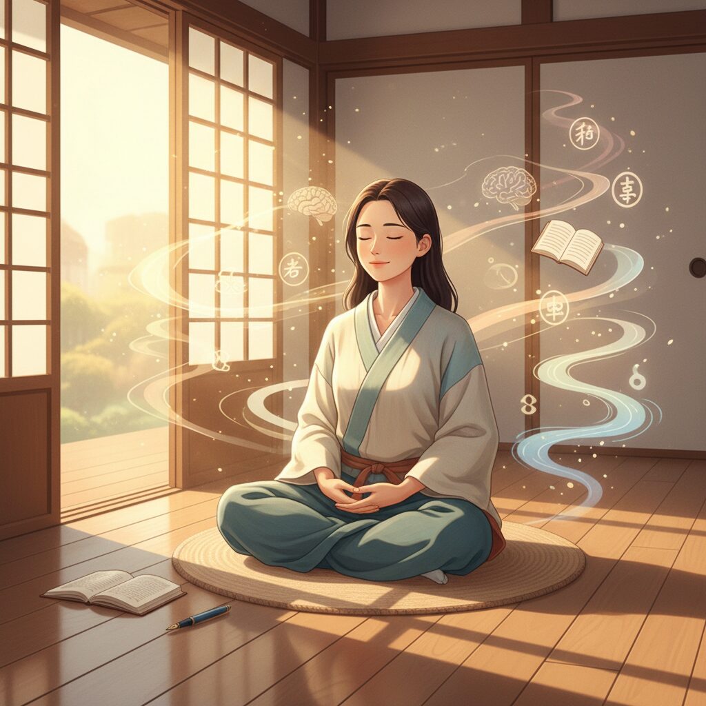 瞑想やジャーナリングを通して自己と向き合う日本人女性のイラスト。