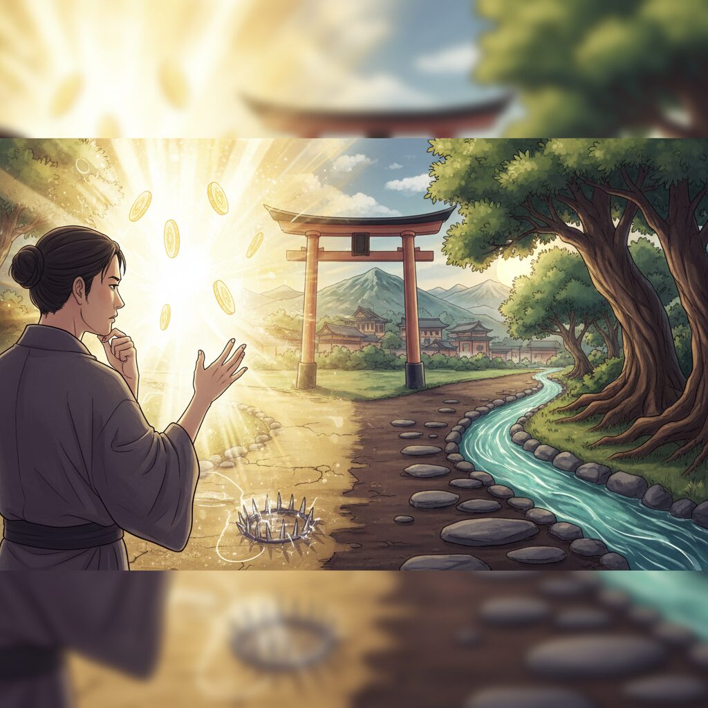 選択肢に迷い、情報に流されずに自分軸を保つことの大切さを表す日本人女性のイラスト。