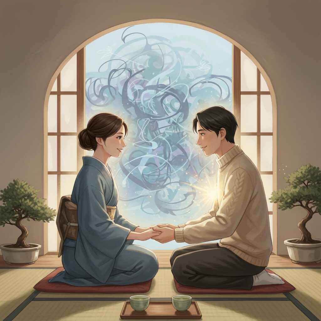 信頼できる専門家との対話で安心感を得る日本人女性のイラスト。