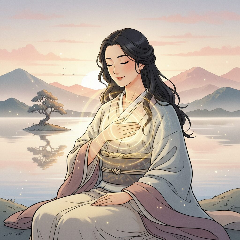 自分の心に手を当て、内なる声に耳を傾ける日本人女性のイラスト。