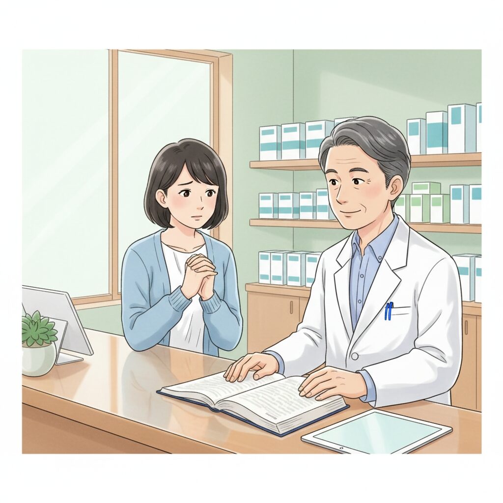 薬局のカウンターで不安そうに字画の悩みを話す日本人女性と、優しく耳を傾ける薬剤師のイラスト。字画の迷いや運勢への不安を抱える人々の共感を呼ぶ。