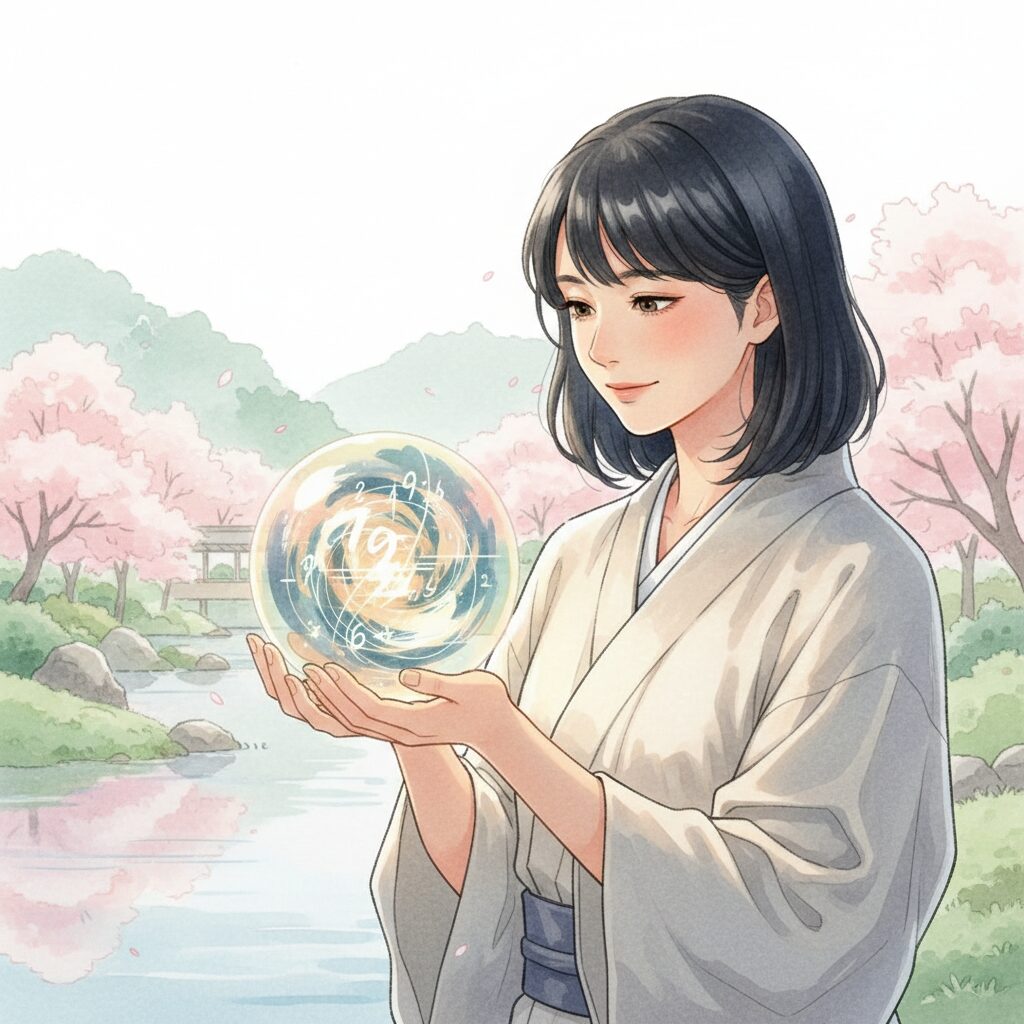 自分の字画を象徴する光る球体を、穏やかな表情で見つめる日本人女性のイラスト。字画を自分を知る優しいツールとして受け入れる姿勢を表す。