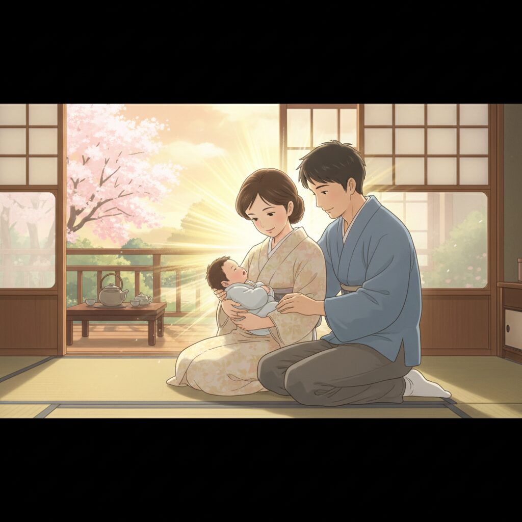 生まれたばかりの赤ちゃんを慈しむように抱きしめる日本人夫婦のイラスト。赤ちゃんの名付けに込められた親の深い愛情と温かい思いを表現する。