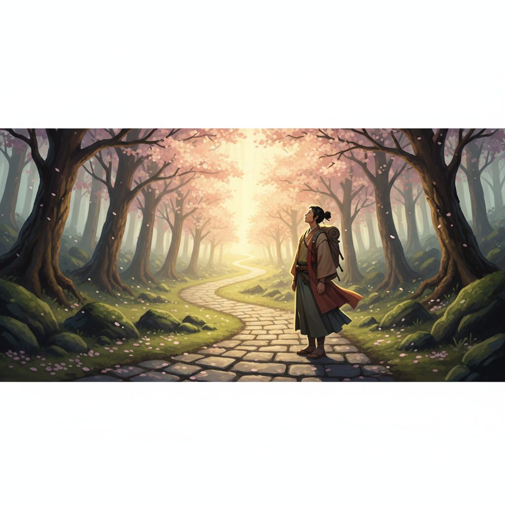 柔らかな光に照らされた道を、希望に満ちた表情で歩む日本人女性のイラスト。字画が人生を縛るものではなく、未来を照らす優しい道しるべであることを表現する。