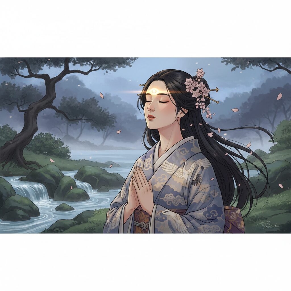 穏やかな表情のアジア人女性が、眉間に光を感じているイラスト。サードアイが開くことによる直感力の覚醒を表現。