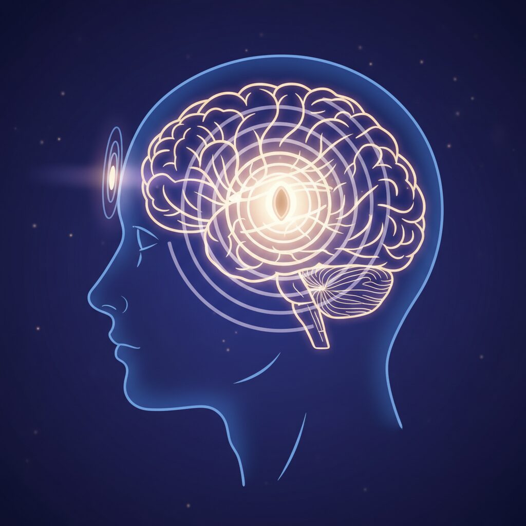 人間の脳の中心にある松果体が光り、それがサードアイ（第三の目）と繋がっている様子を表現したイラスト。