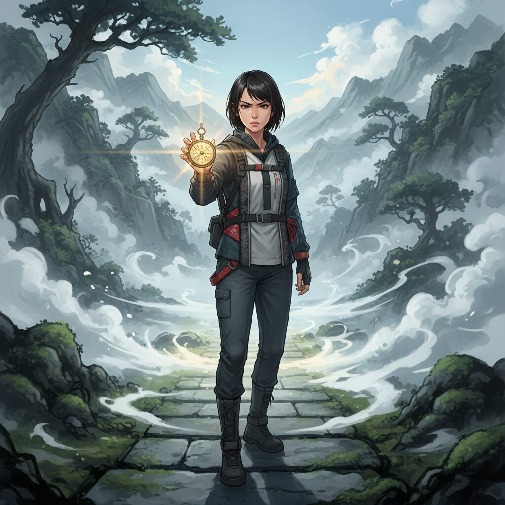 迷いが晴れて、羅針盤を手に明確な道を進むアジア人女性。サードアイが開眼することによる洞察力と自己肯定感の向上を表現。