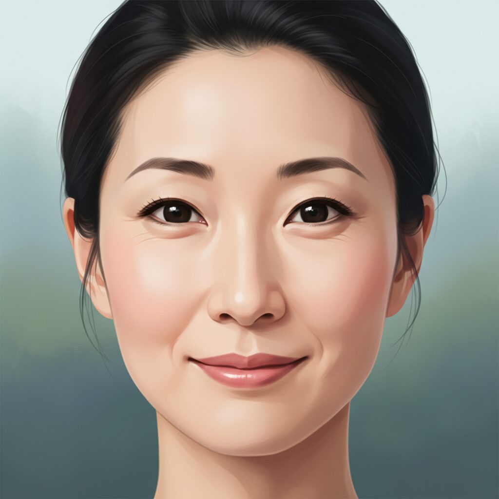 静かで深い洞察力を持つ、穏やかな目つきのアジア人女性の顔のクローズアップイラスト。サードアイが開いている人の特徴を表現。