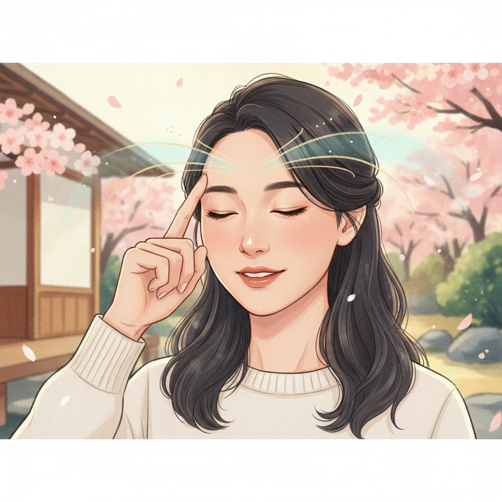 眉間をそっと触れ、不思議な感覚を感じているアジア人女性のイラスト。サードアイ開眼の身体的な前兆を表現。