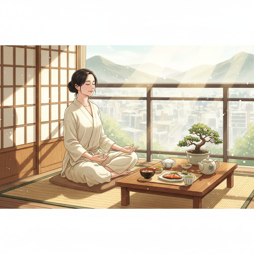 朝日を浴びながら穏やかに過ごすアジア人女性のイラスト。サードアイを開くための健康的な生活習慣や瞑想を表す。