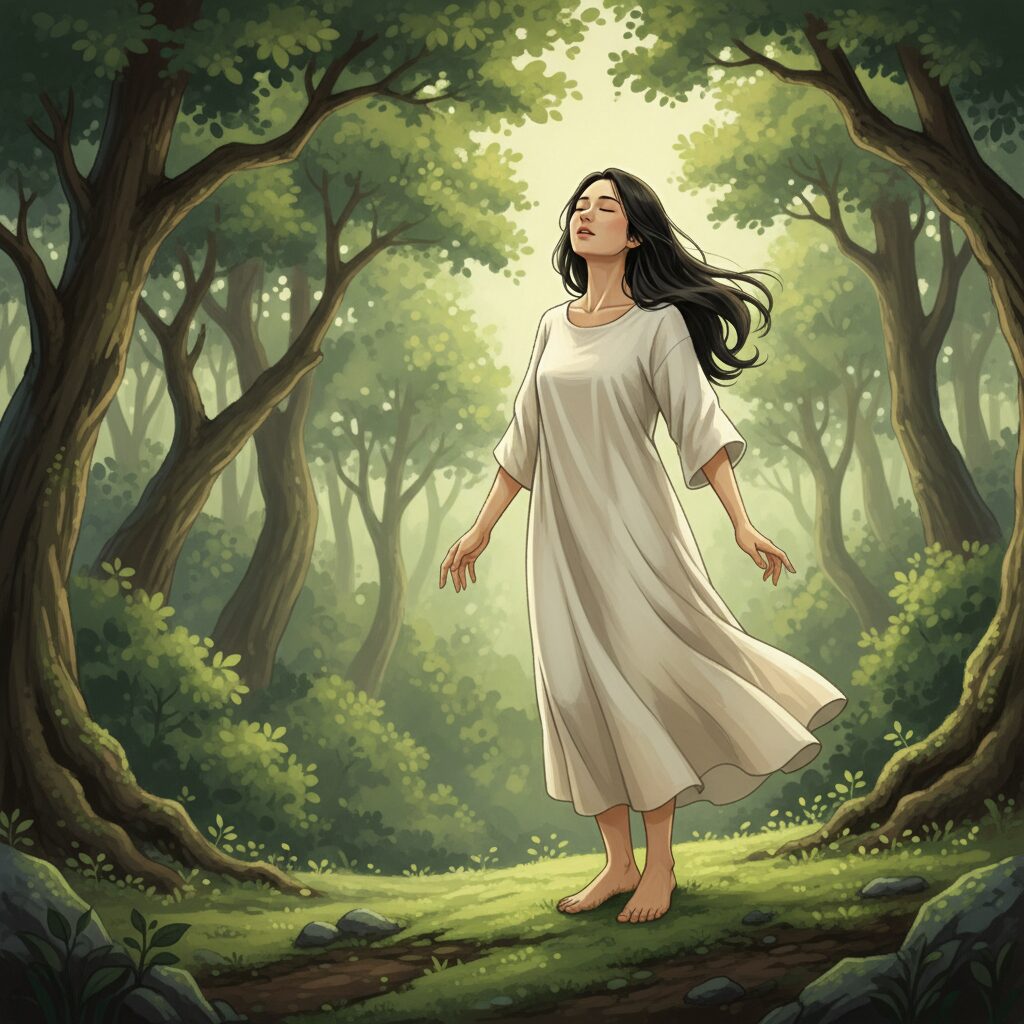 素足で大地に立ち、穏やかに深呼吸するアジア人女性のイラスト。グラウンディングにより心身のバランスを整える様子を表現。