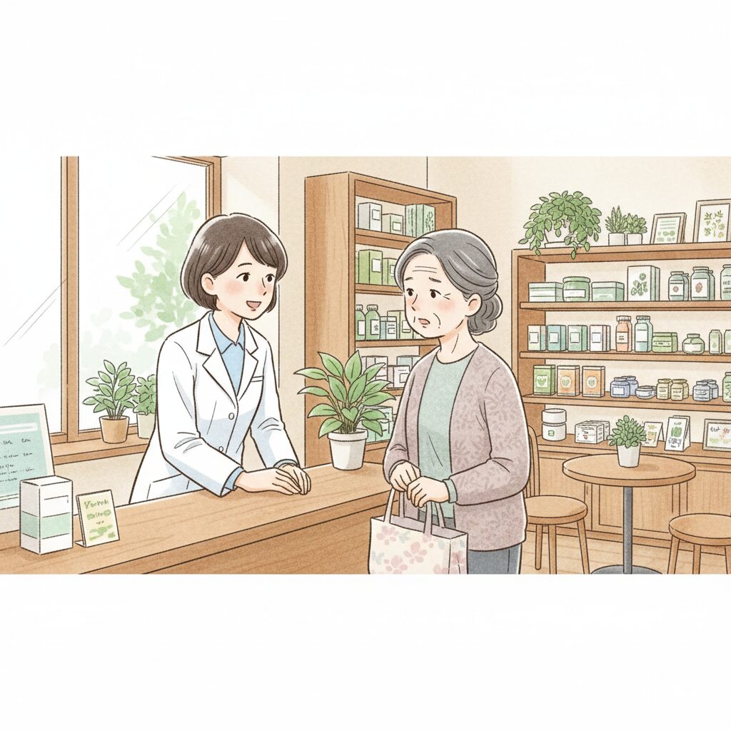 薬局で患者さんの話に耳を傾ける薬剤師の日本人女性ルナさん。