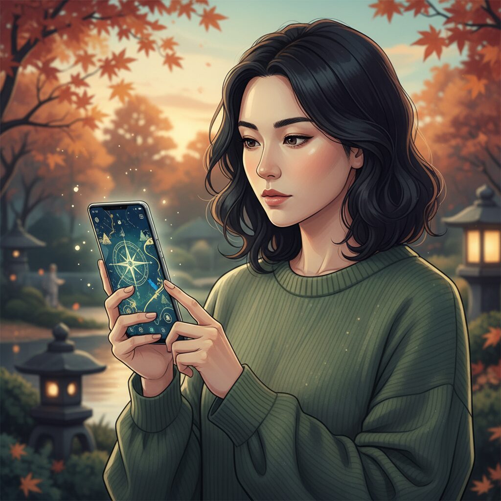 スマートフォンでコンパスのように方角を確認する日本人女性。九星気学の八雲院サイトの利用イメージ。