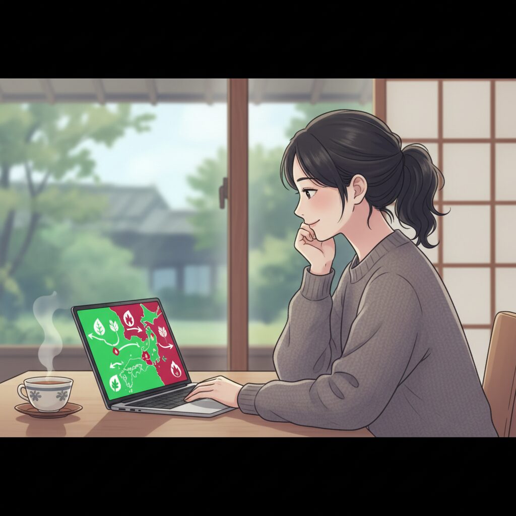 九星気学の開運マップで吉方位を確認している日本人女性。パソコンで八雲院サイトを操作する様子。