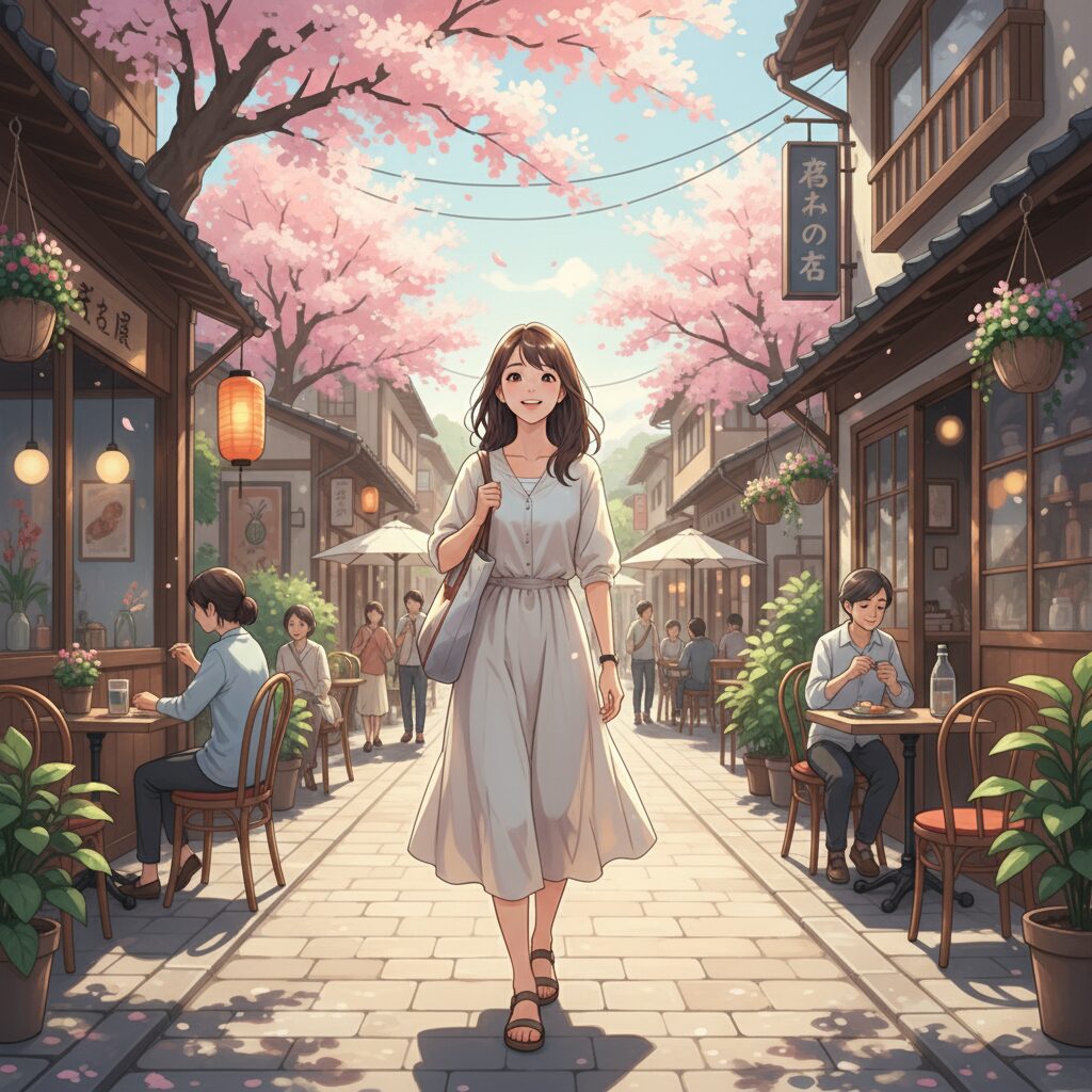 吉方位へのお出かけを楽しむ、明るい表情の日本人女性。日々の生活に九星気学の吉方位を取り入れるイメージ。