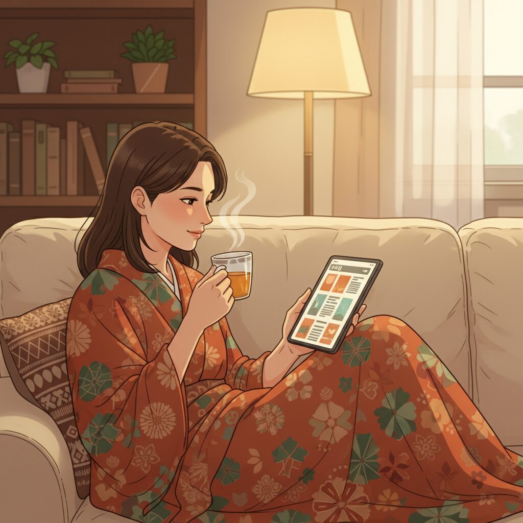 ハーブティーを飲みながらタブレットで開運ブログを読む日本人女性。九星気学以外の情報を活用する様子。