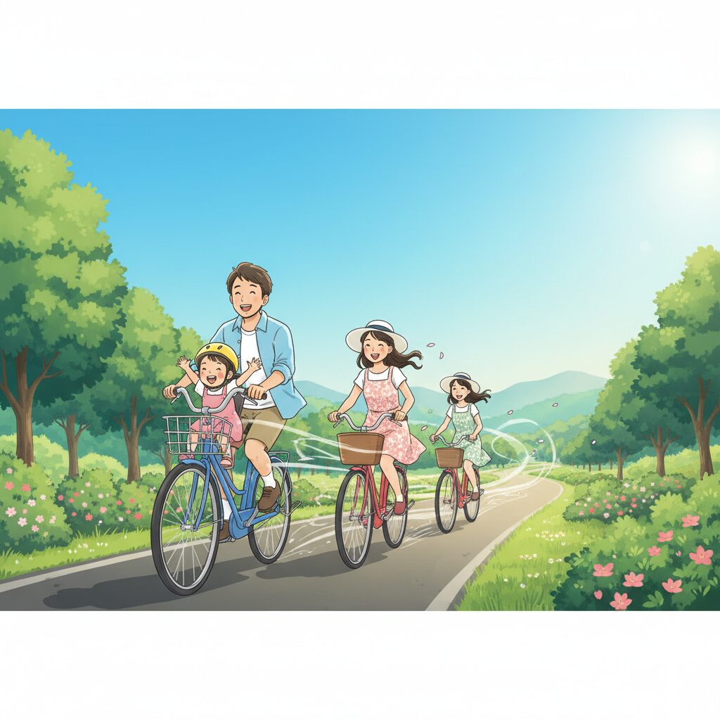 追い風を受けて自転車で進む日本人家族。引越しや旅行に九星気学の吉方位を活かす比喩。