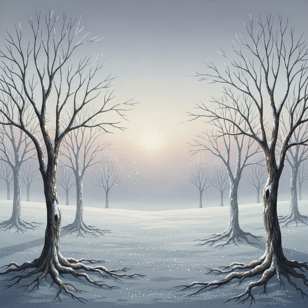 冬の間に葉を落とし、静かに根を張る木々。九星気学の運気が低い時期を乗り越える比喩。
