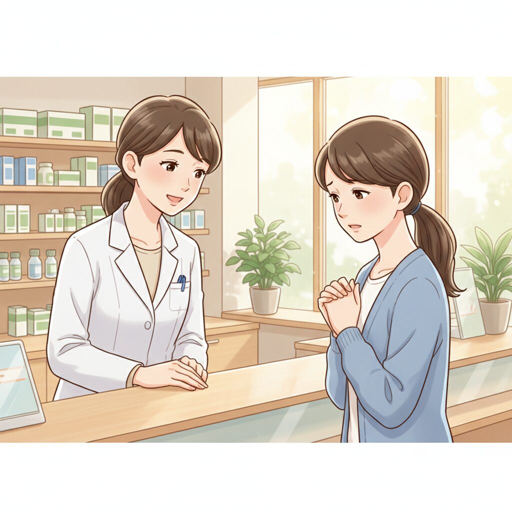 薬局のカウンターで、優しい表情の日本人薬剤師が、不安そうな様子の日本人女性患者の悩みに耳を傾けている様子。信頼と安心感のある雰囲気。