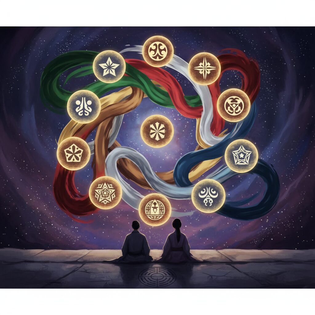 九星気学の概念を象徴するイラスト。9つの星と五行の要素（木・火・土・金・水）が調和し、宇宙のエネルギーを表す。