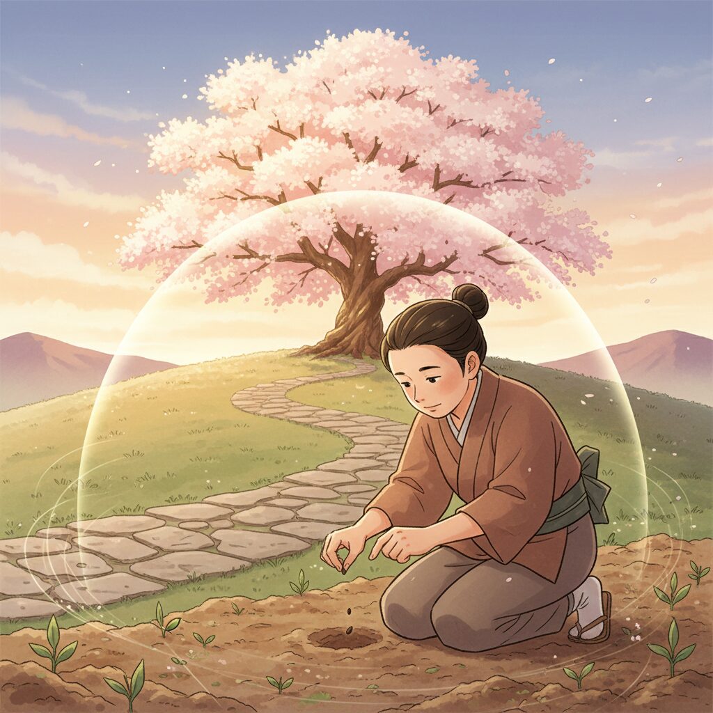 吉方位の効果にタイムラグがあることを示すイラスト。日本人が小さな種を蒔き、その奥には成長した大きな木が花を咲かせている。忍耐とゆっくりとした発展を表現。