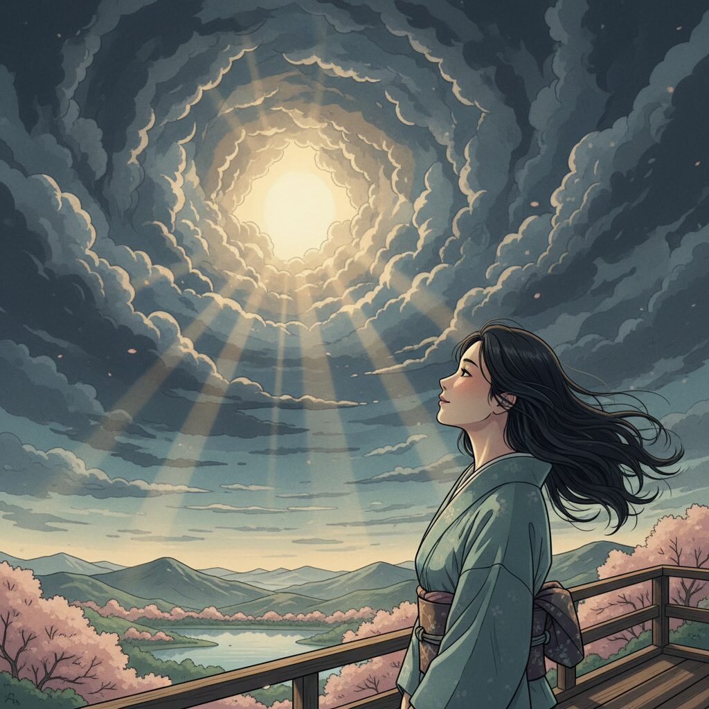 悪い占いの結果に不安を感じる日本人男性または女性が、曇り空の合間から差し込む太陽の光を見上げ、心の平穏を取り戻している様子。