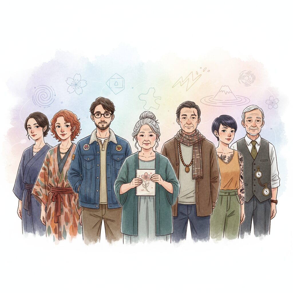 個性豊かな日本人たちが集まり、多様な性格や運勢があることを示すイラスト。一人ひとりのユニークな魅力が際立つ。