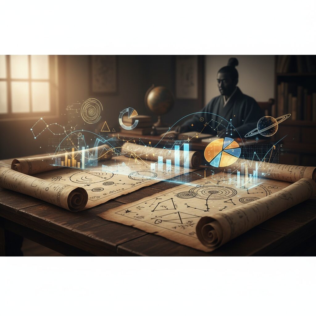 九星気学が統計学に基づいていることを示すイラスト。古代の天文学を示す巻物と現代のグラフやデータが融合したイメージ。