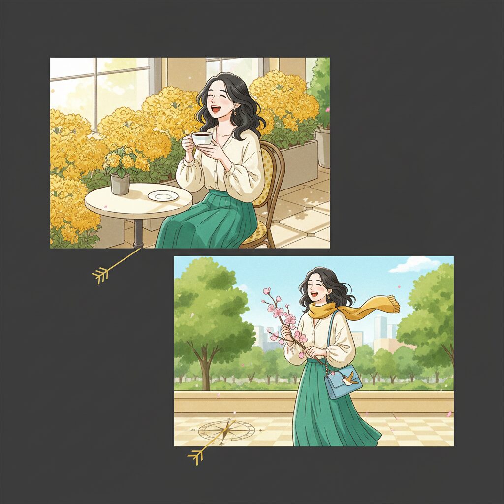 九星気学を日常生活で気軽に楽しむ日本人女性。カフェでくつろいだり、公園を散歩したりしながら、ポジティブな気分で過ごす様子。