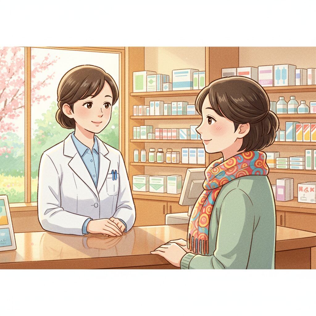 薬局のカウンター越しに、明るい色のストールを巻いた患者さんを優しく見守る日本人薬剤師のイラスト。