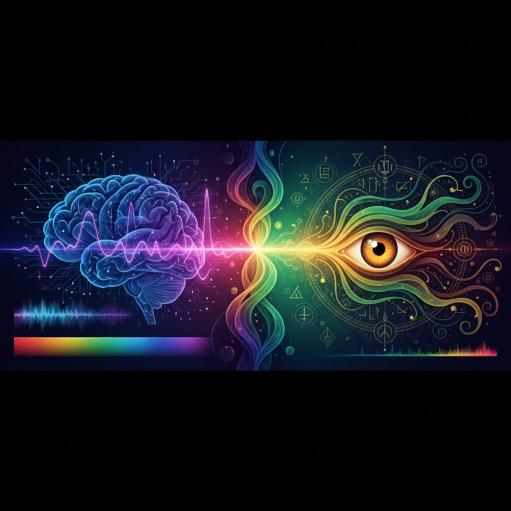 色彩心理学の科学的要素と占いの神秘性が調和する様子を表現した抽象的なイラスト。