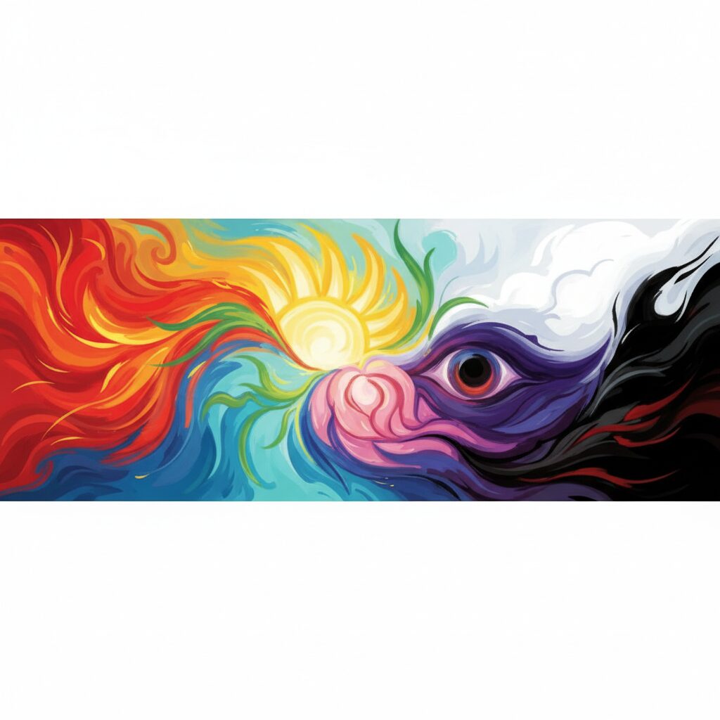 赤、青、黄、緑など、それぞれの色が持つ多様な意味合いや感情を表現したカラフルなパレットのイラスト。