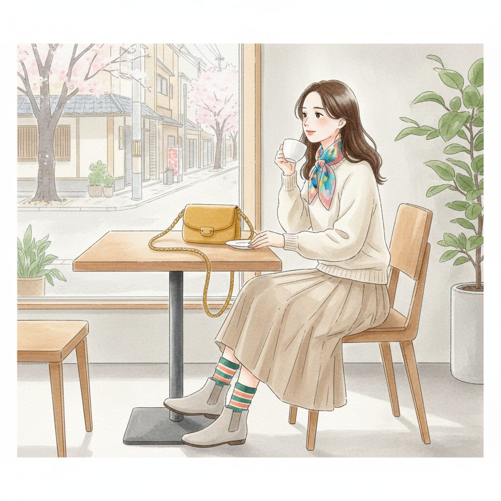 日常の服装にカラフルなスカーフや小物を加え、気分を少し変える日本人女性のイラスト。