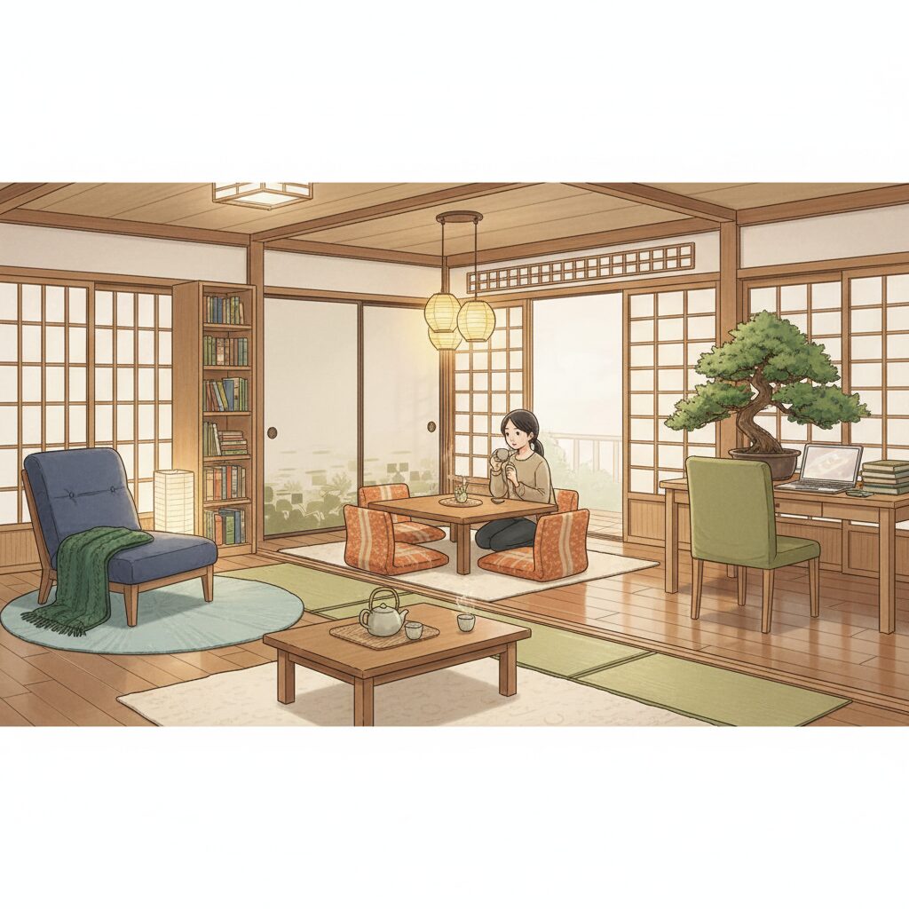 落ち着いた青や緑の寝室、温かいオレンジや黄色のリビングなど、目的に合わせて色が調和する日本のインテリア空間。