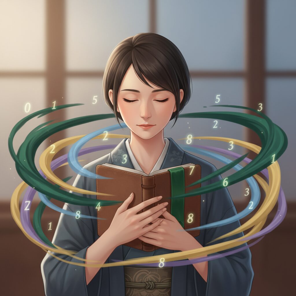 生年月日から導き出された守護色のアイテムを大切にする日本人。数秘術とパーソナルカラーの繋がりを示す抽象的なイラスト。