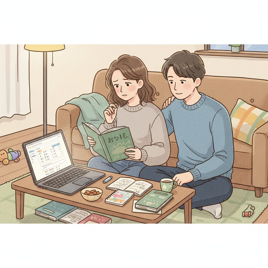 名付けの資料に囲まれ、プレッシャーを感じながら赤ちゃんへの名前を考える新米夫婦のイラスト