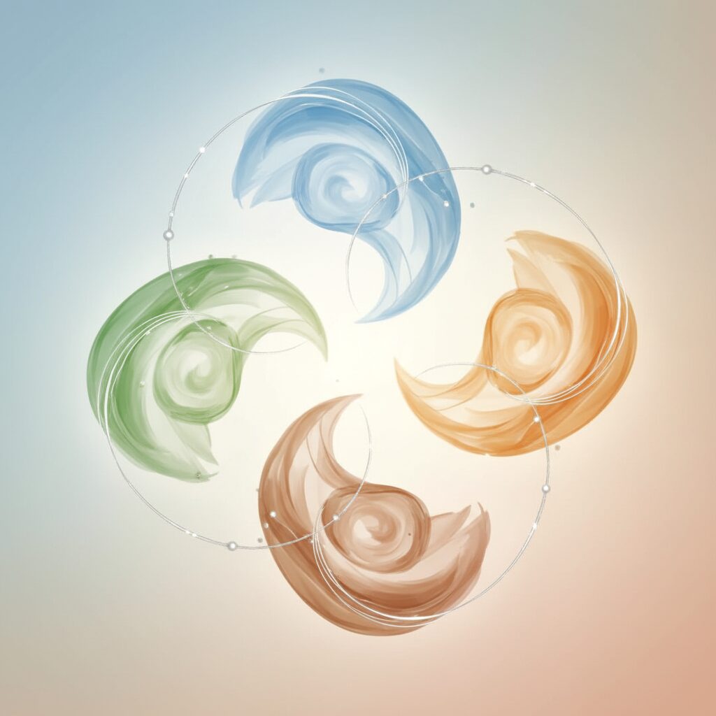 姓名判断の五格を抽象的に表現した、やさしい雰囲気のイラスト