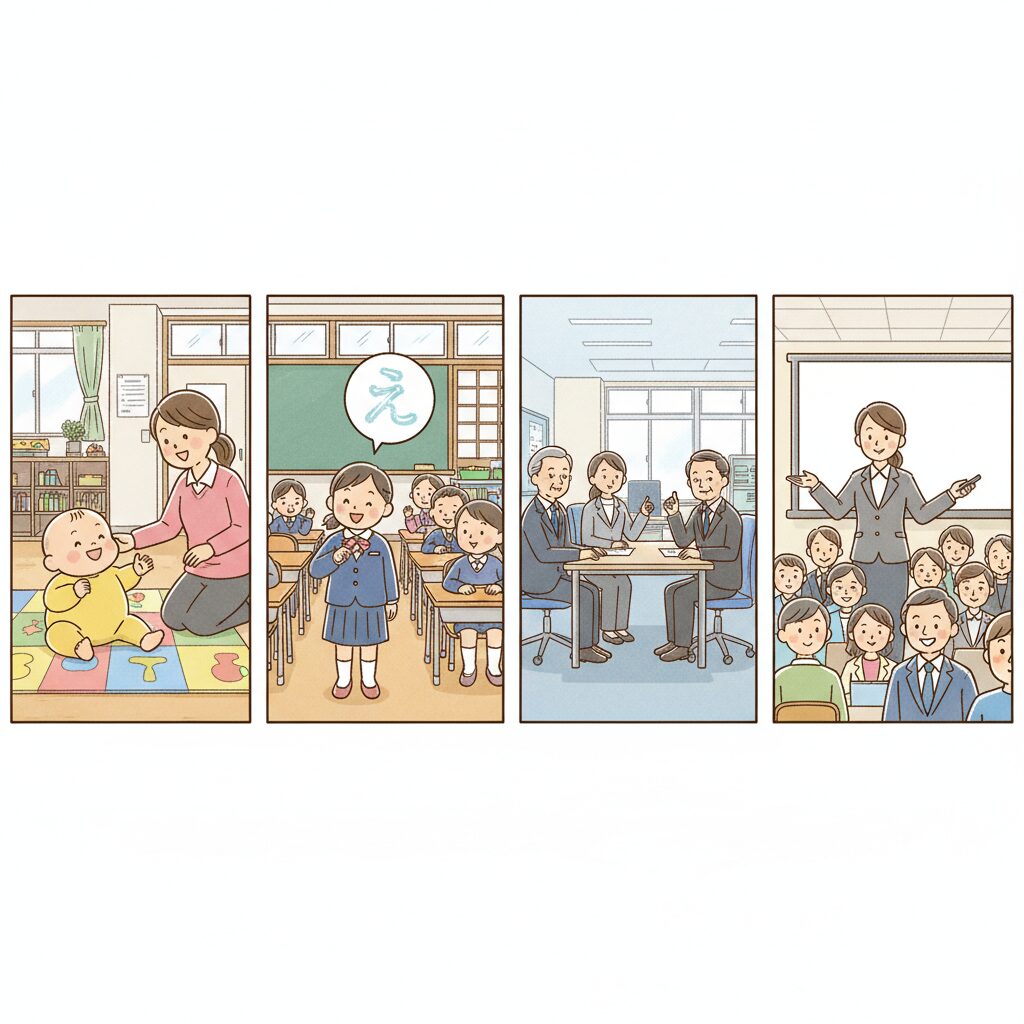 赤ちゃんから成長し、様々な場面で自信を持って名前を名乗る日本人のイラスト