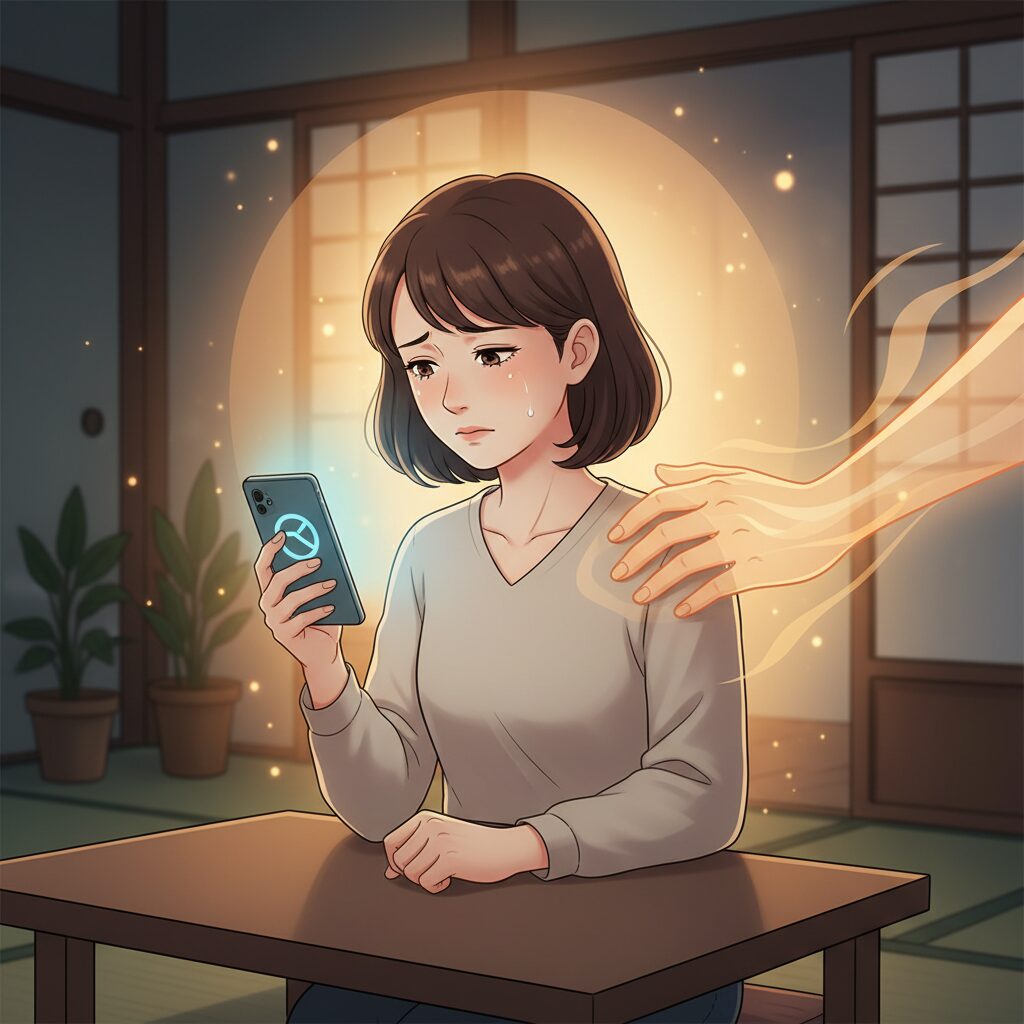 名付け診断で悪い結果を見て落胆する日本人親のイラスト