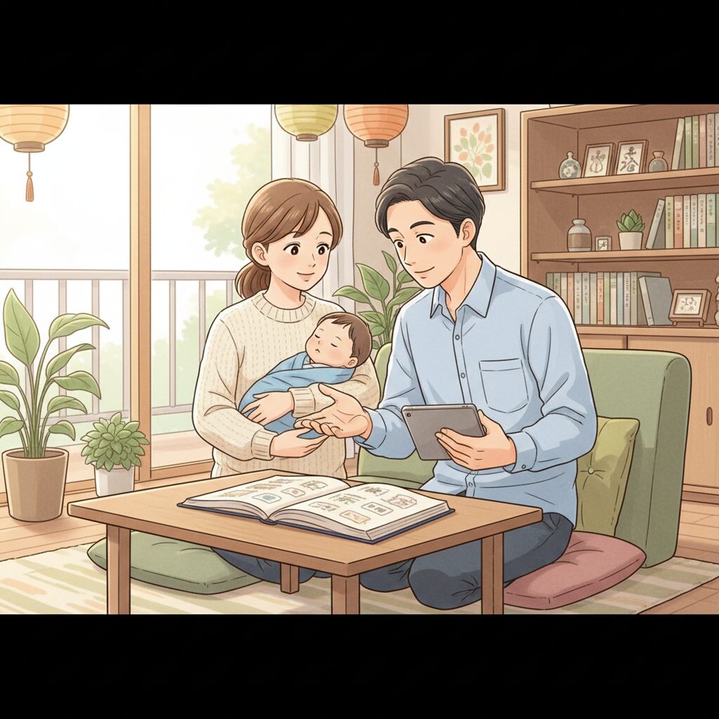 笑顔で赤ちゃんの名前を楽しく選ぶ日本人夫婦のイラスト