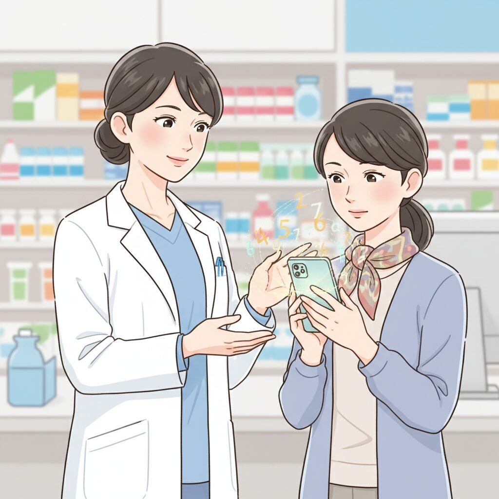 薬局のカウンターで薬剤師の女性がスマートフォンを持つ顧客に優しく語りかけている様子。携帯番号占いを話題にしていることを示唆し、記事への興味を引き出す。
