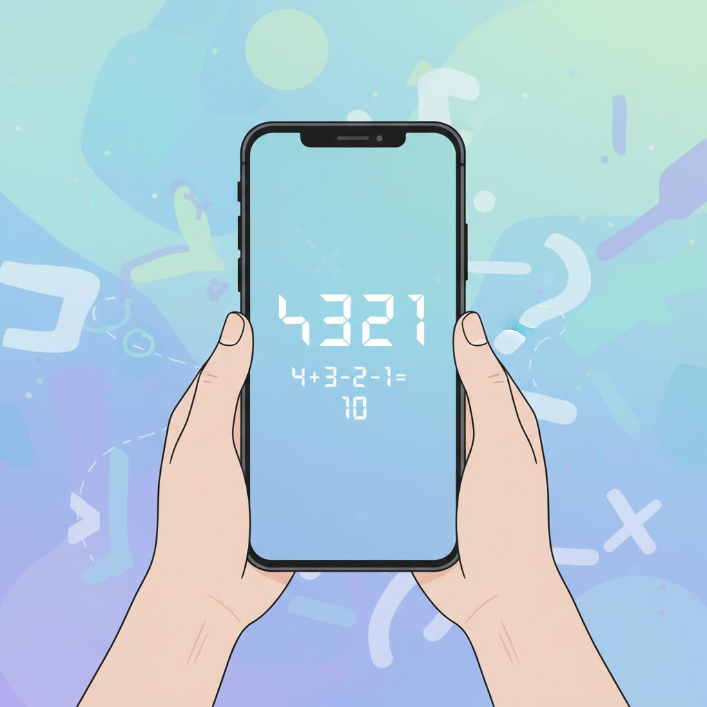 スマートフォンを持ち、画面に携帯番号下4桁の「4321」と、その数字を一つずつ足し算した「4+3+2+1=10」の計算式が示されているイラスト。運命ナンバーの計算方法を視覚的に説明し、理解を助ける。