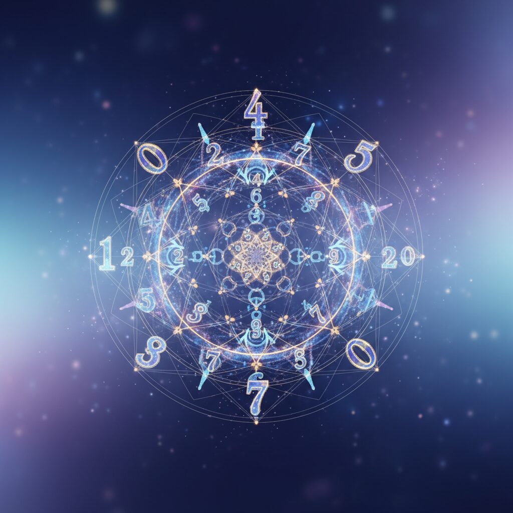 数字が神秘的な光とエネルギーでつながっている様子を描いたイラスト。数意学が数字に隠された意味やエネルギーを読み解く学問であることを表現し、専門性を高める。