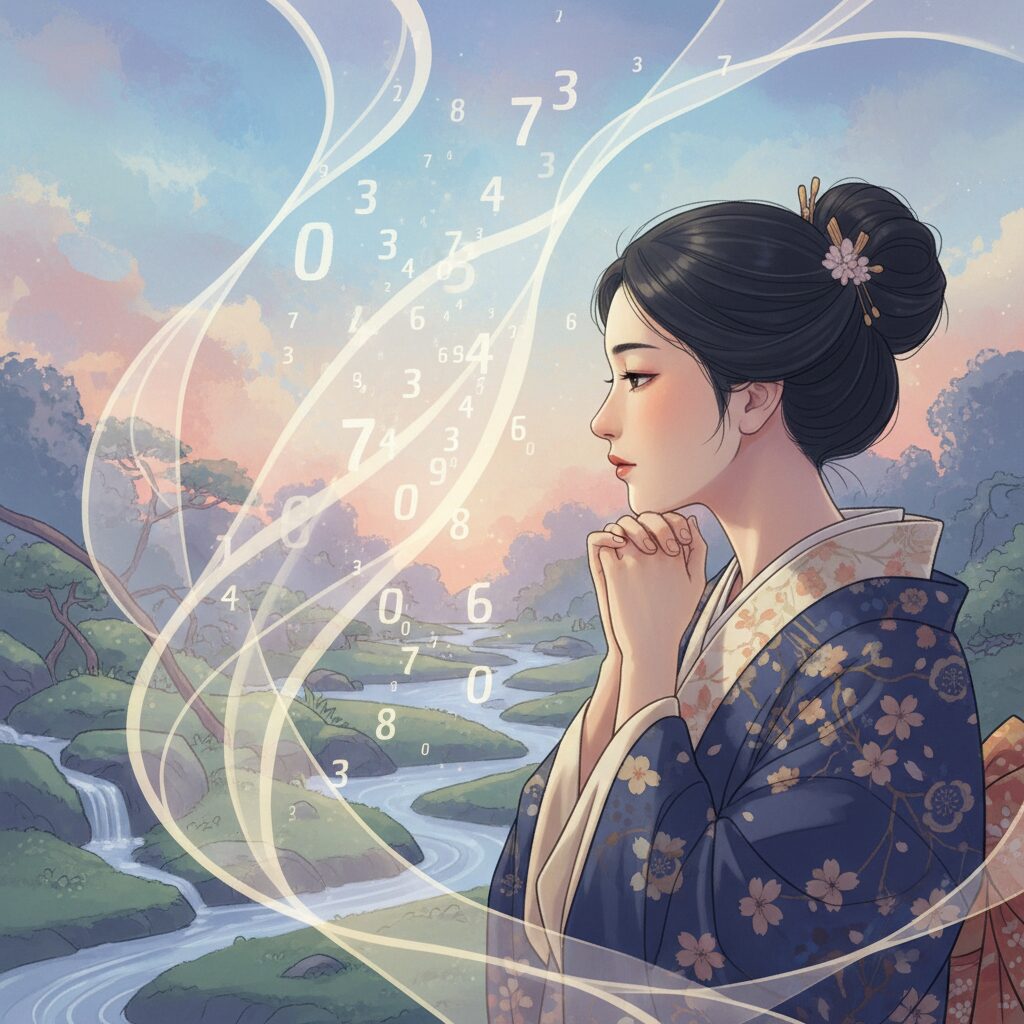 日本の女性が、数字が映し出された鏡をじっと見つめ、自分自身と向き合っている様子。運命ナンバーの意味を知り、自己理解を深めるプロセスを象徴し、読者の共感を促す。