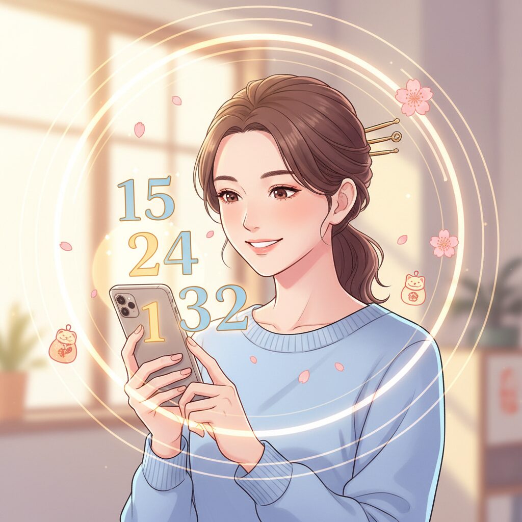 日本の女性がスマートフォンを見て明るく微笑んでおり、画面には光り輝く吉数の「15、24、31、32」が示されている。幸運を喜ぶ様子を表現し、ポジティブな感情を喚起する。