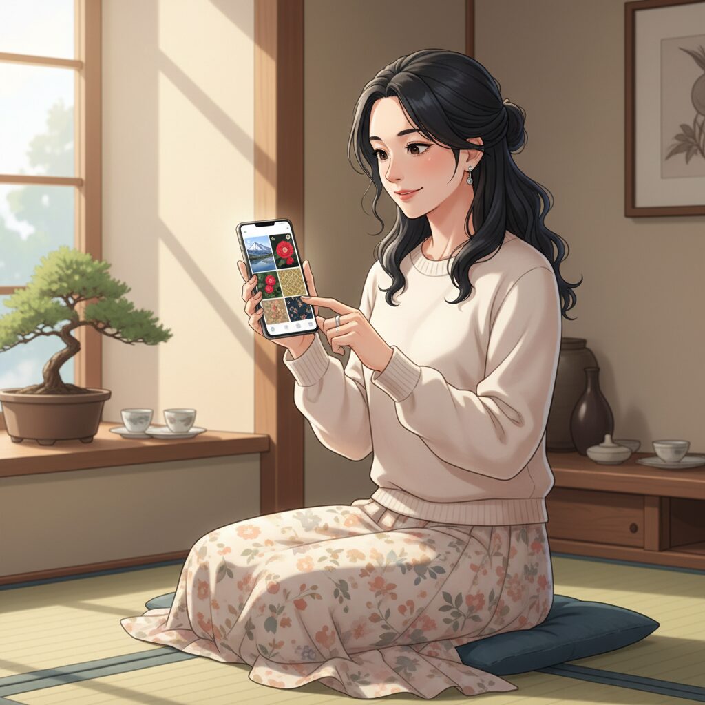 日本の女性がスマートフォンの待ち受け画面を変更している様子。画面には、金運や人間関係運を象徴する風景や花、黄金色のモチーフなどが映し出されており、運気サポートの行動を視覚的に示す。