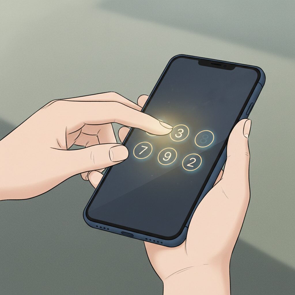 日本の人がスマートフォンに4桁の暗証番号を入力している手元のイラスト。入力される数字がやさしく光り、暗証番号に吉数を取り入れる「おまじない」を表現し、実践的なアドバイスを強化する。