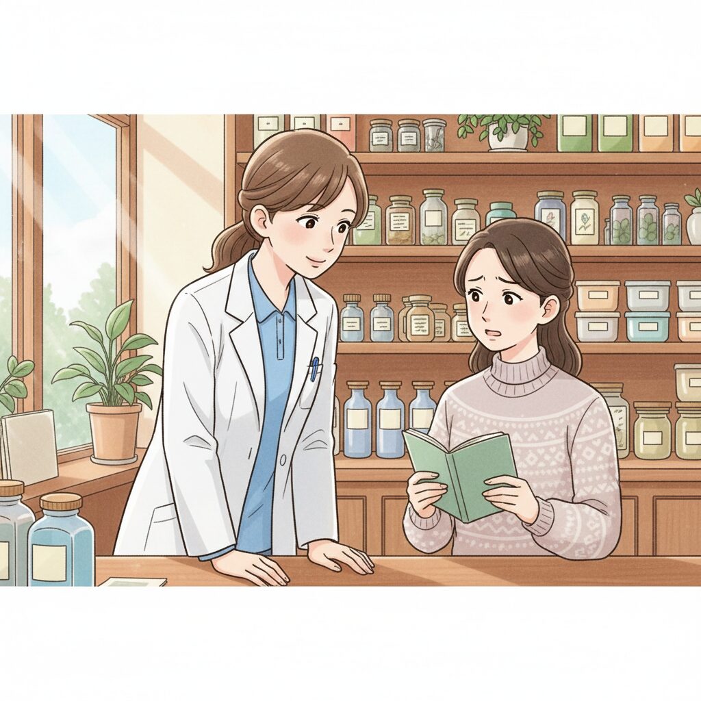 薬局で悩みを抱える女性に優しく耳を傾け、安心感を与える日本人薬剤師のイラスト