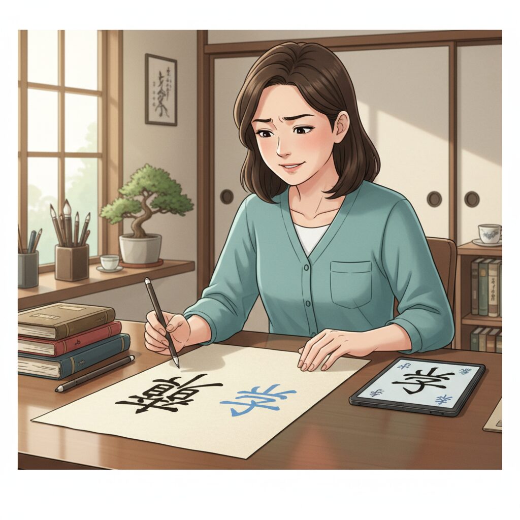 旧字体と新字体での漢字の画数計算の違いを比較し、理解を深める日本人のイラスト